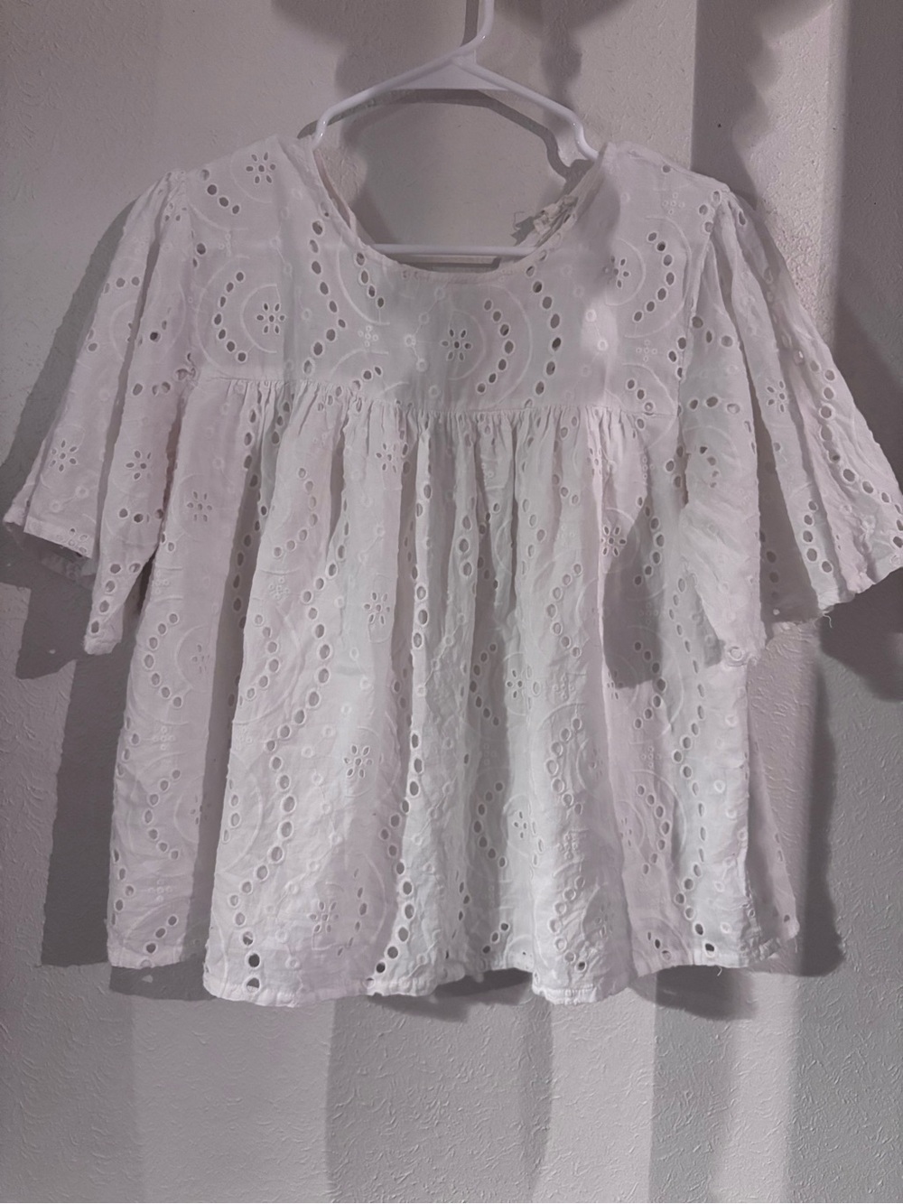 White Eyelet Peasant Blouse with Flutter Sleeves